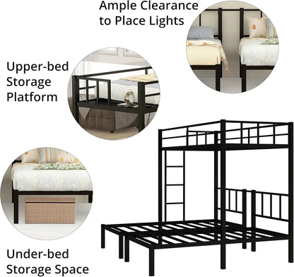 Litera triple, cama individual de metal y literas individuales para 3 personas con barandillas, escalera y plataforma para la cama superior, cama con 3 literas desmontables