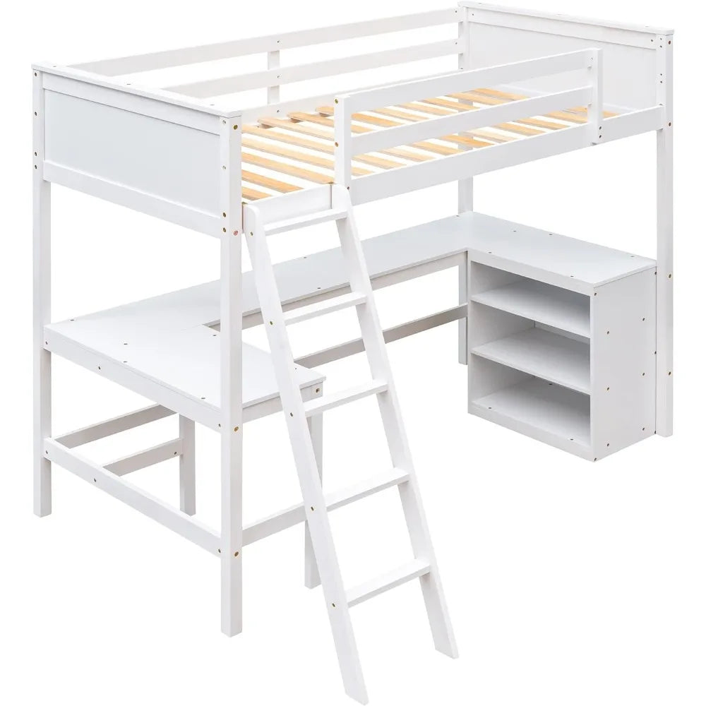 Twin Size Loft Bed with Shelves and Desk, Wooden Loft Bed with Desk, for Kids, Teens, Noise Free, No Box Spring, Easy Assembly