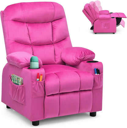 Kids Velvet Recliner Chair with Cup Holder, Footrest & Side Pockets for Children Boys Girls Baby Bedroom, Adjustable, Er