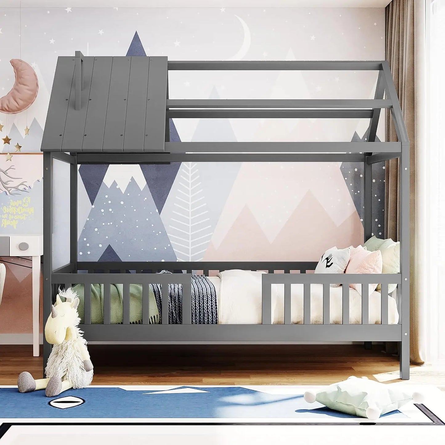 Maison jumelle Merax pour enfants, cadre de plate-forme de lit en bois en forme de maison avec fenêtres de toit et sécurité sur toute la longueur