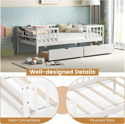 Komfott Wood Twin Kids Bed Frame With 2 Pull-Out Drawers & Side Shelf, Twin Bed Frame With Fence Railings, No Box Spring Needed