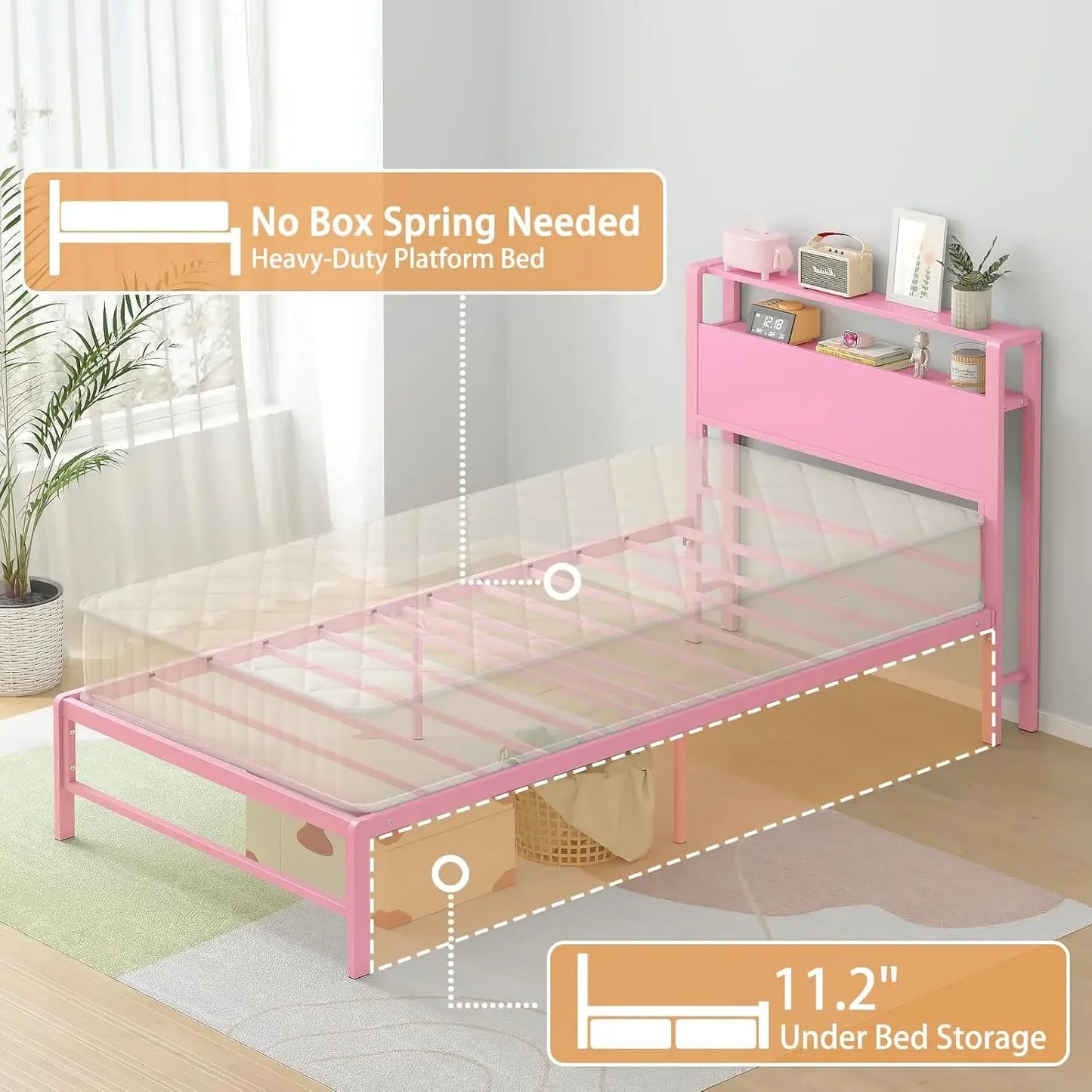 Twin Bed Frames for Kids with 2 Tiers Wood Storage Shelves Headboard, Twin Size Bed No Box Spring Needed Under Bed Storag