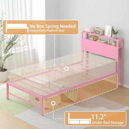 Cadres de lit jumeaux pour enfants avec 2 étagères de rangement en bois Tête de lit, lit double Aucun sommier nécessaire Rangement sous le lit