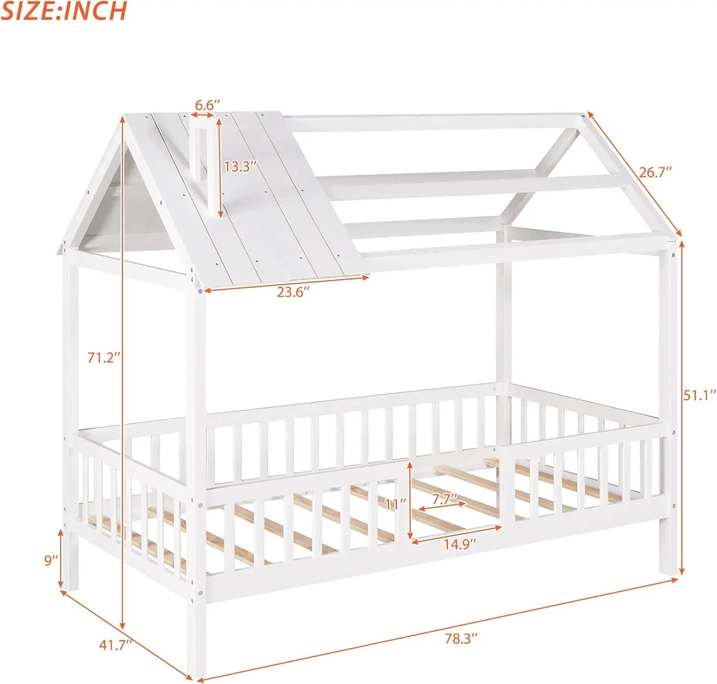 Twin House Bed for Kids,Wood Twin Bed Frame House-Shaped Bed Platform Bed Frame with Roof Windows and Full-Length Safety Rails W