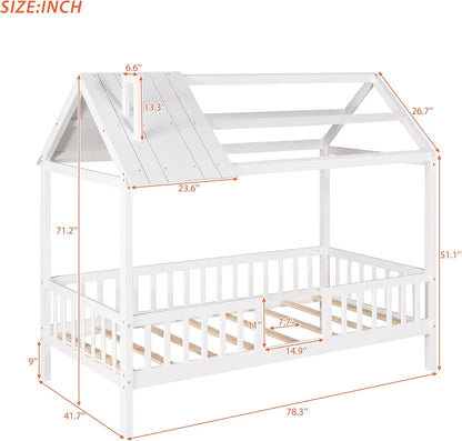 Twin House Bed for Kids,Wood Twin Bed Frame House-Shaped Bed Platform Bed Frame with Roof Windows and Full-Length Safety Rails W