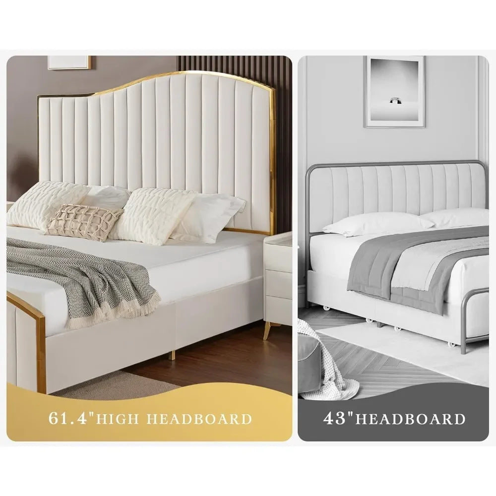 Queen Size Bed Frame, 61.4" High Headboard Platform Bed Velvet With Gold Trim & Footboard/No Box Spring Required,bed Frame