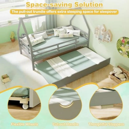 Twin House Bed with Trundle, Wood Kids Bed Frame with Roof & Fence Rails, Montessori Bed for Kids, Teens, Girls & Boys