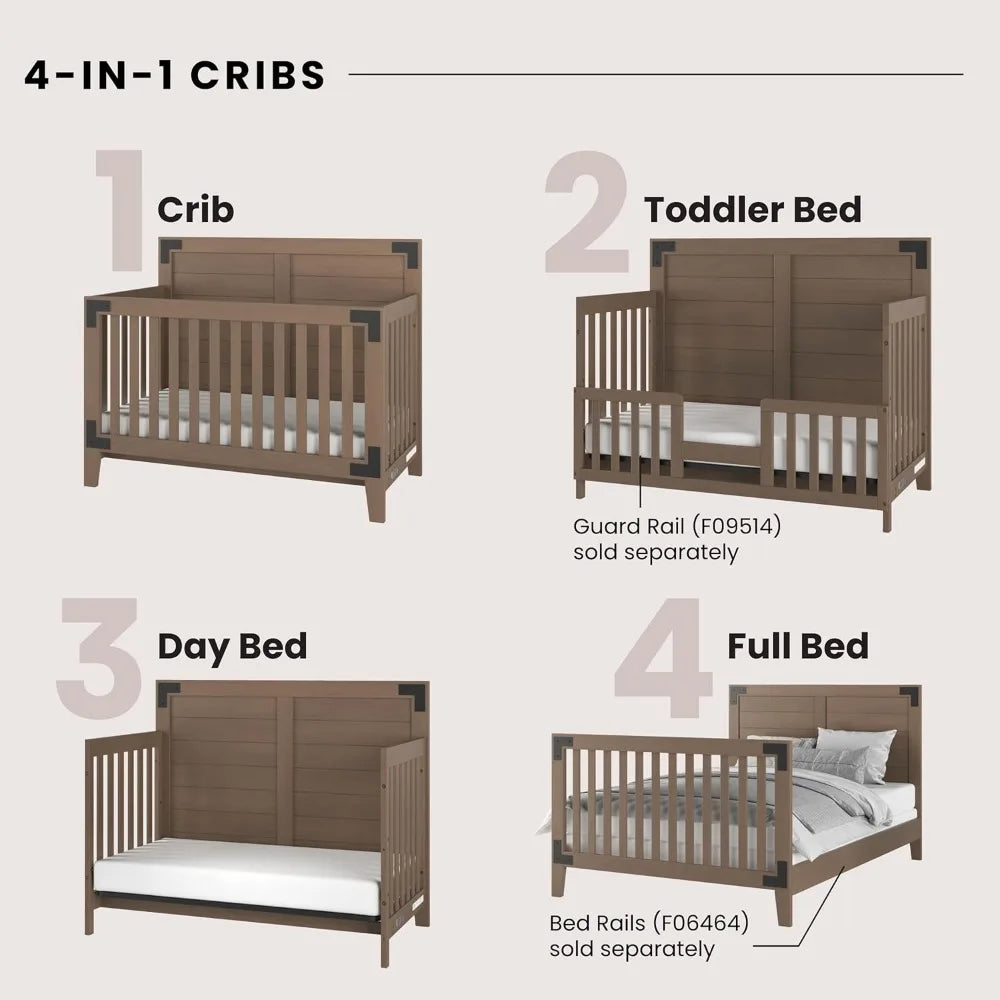 Cuna convertible 4 en 1 Lucas, cuna para bebé que se convierte en cama de día, cama para niños pequeños y cama de tamaño completo, colchón ajustable en 3 posiciones