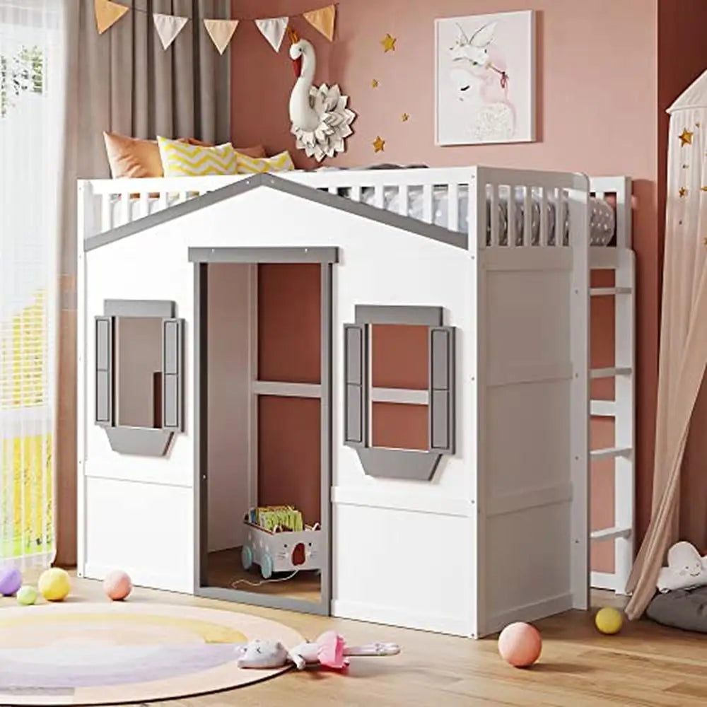 Twin Size Kids Playhouse Loft Bed Frame White Gray Window Ladder Solid Wood Sturdy Design Storage Space Modern Style Easy