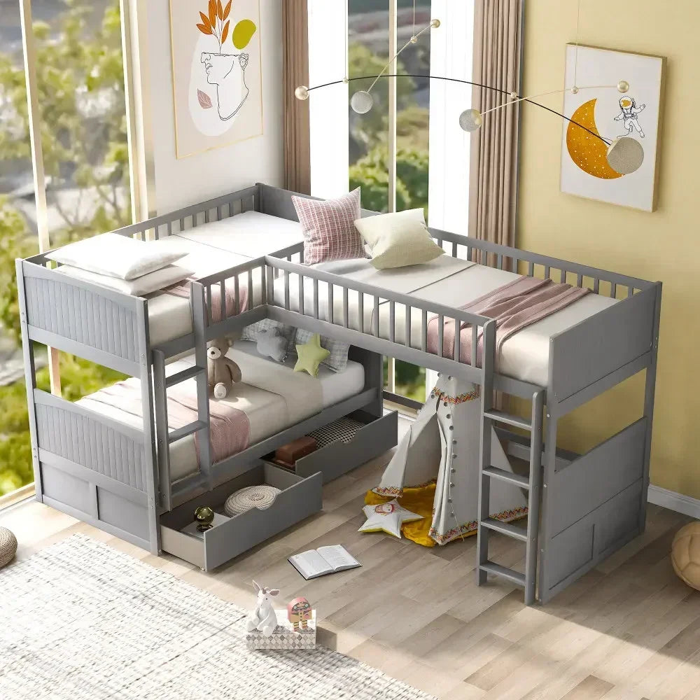 Twin Size Bunk Bed with A Loft Bed Attached,with Two Drawers,Gray Bed for Girls From 6 To 12 Years Princesses Bunk Beds for Kids