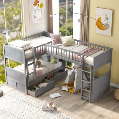 Lit superposé double avec un lit mezzanine attaché, avec deux tiroirs, lit gris pour filles de 6 à 12 ans Lits superposés Princesses pour enfants