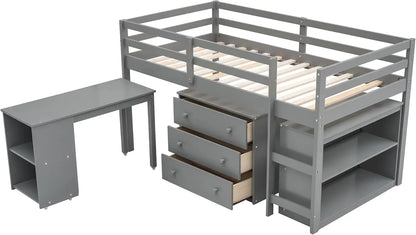 Cama baja tipo loft de madera maciza de tamaño doble con escalera para niños, litera, armario y escritorio, color gris puro