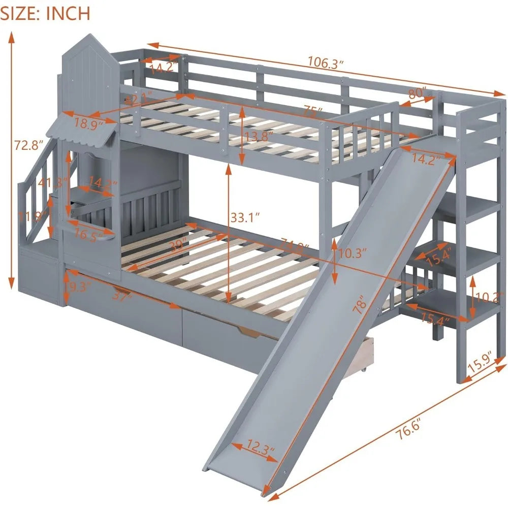 Lit superposé Twin Over Twin avec escalier et toboggan, cadre de lit superposé en bois massif avec tiroirs de rangement et étagère, lit superposé pour enfants