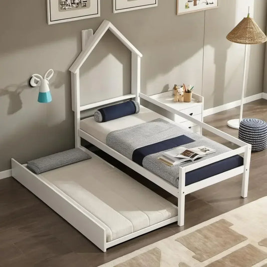 Lit de repos en forme de maison avec lit gigogne pour chambre d'enfants garçons filles, lit plateforme Montessori avec tête de lit et garde-corps de longueur, sans boîte