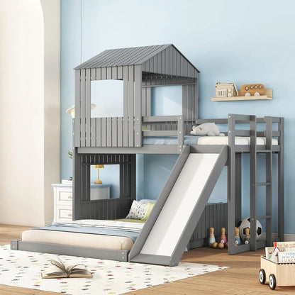 Kids with Playhouse Design, Wood Toddler Bunk Beds with Roof,Windows and Ladder for Boys or Girls,Antique Gray