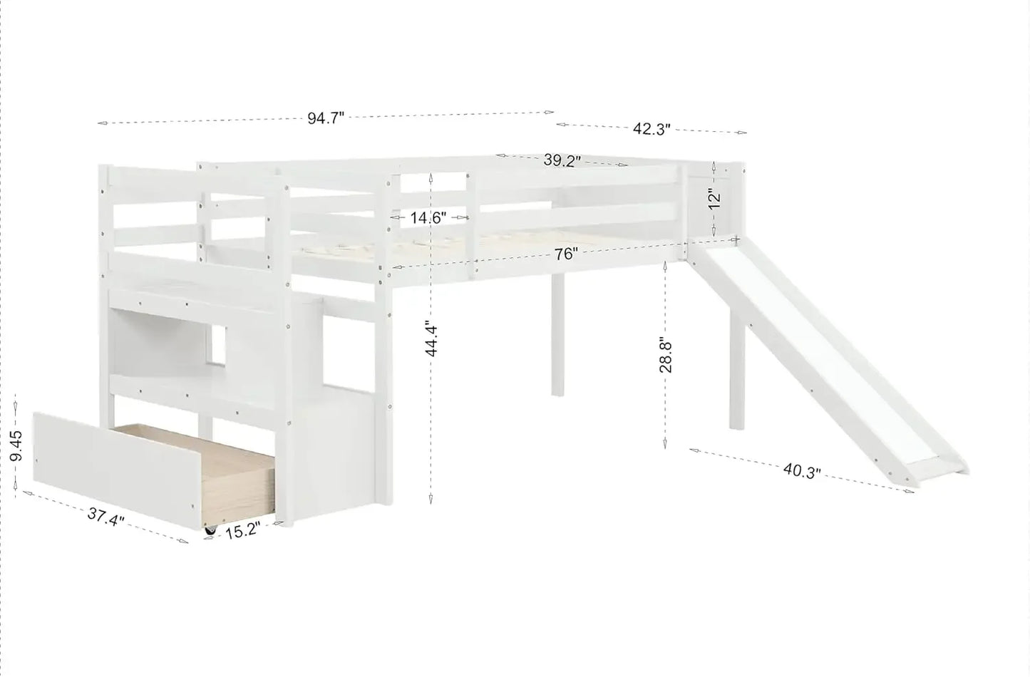 Lit mezzanine, lit mezzanine en bois massif avec escalier et toboggan, avec escalier pour junior, pas besoin de sommier, mezzanine à profil bas pour lit double