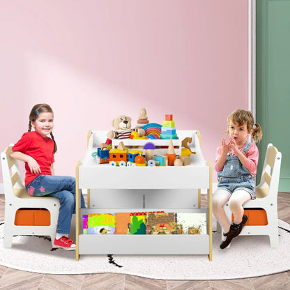 Juego de mesa y 2 sillas de madera para niños Kinder King, mesa de actividades 4 en 1 para niños con estantería doble, pizarra, juego de muebles para niños pequeños