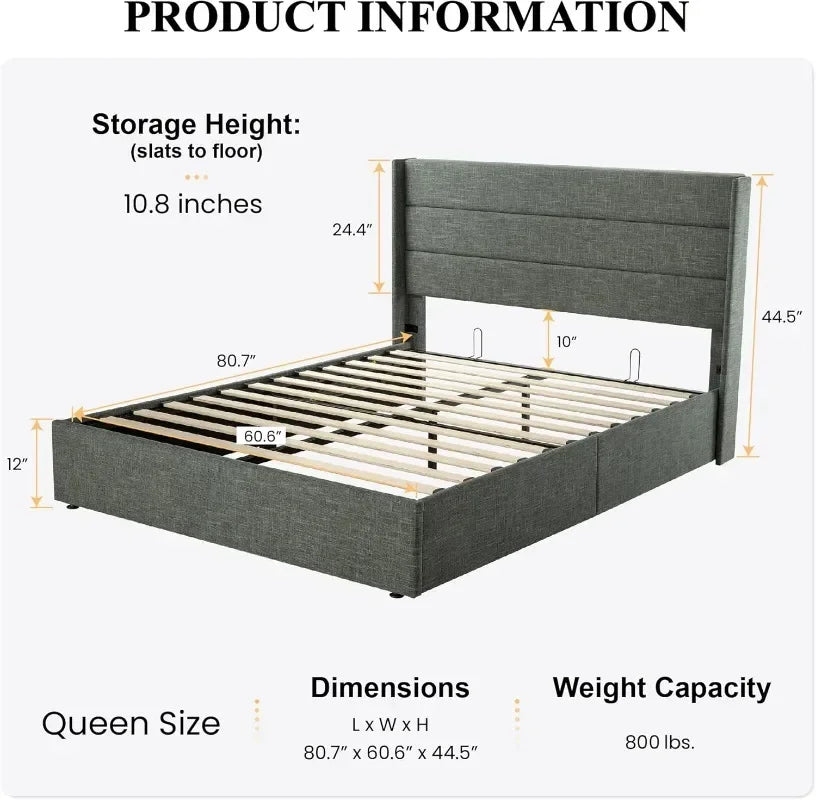 Cadre de lit queen size avec rangement relevable, tête de lit à oreilles moderne, plate-forme rembourrée, rangement hydraulique/aucun sommier nécessaire