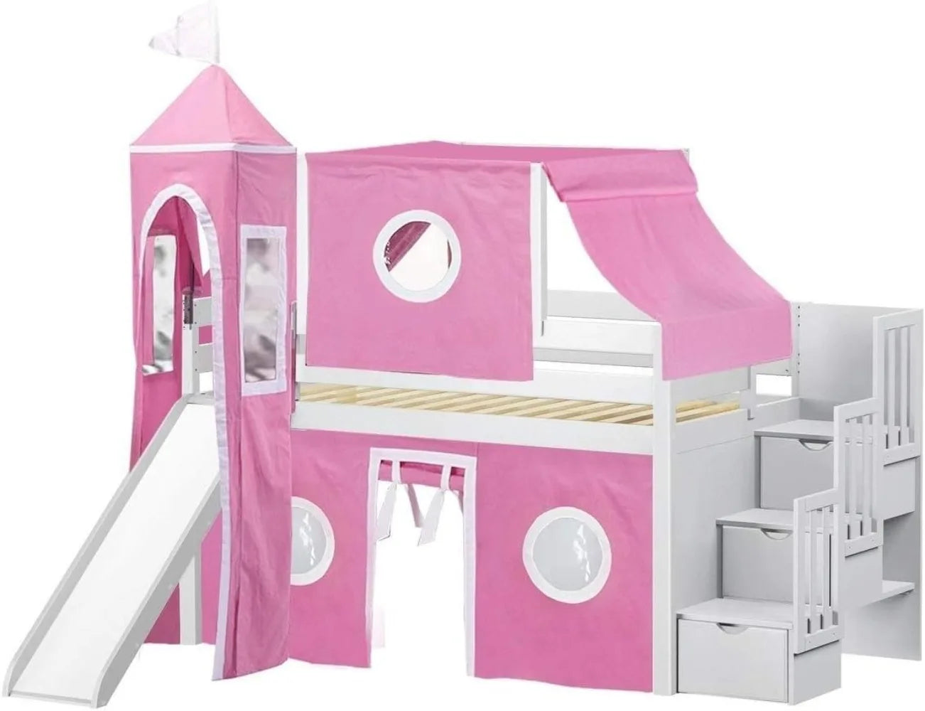 Cama tipo loft estilo princesa con escalera y tobogán, color rosa y blanco, y cama tipo loft tipo torre, tamaño twin, recomendada para niños de 6 años en adelante