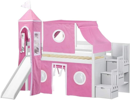 Princess Low Loft Stairway Bed with Slide Pink & White Tent and Tower Loft Bed Twin Recommended for Children 6 Years and Older