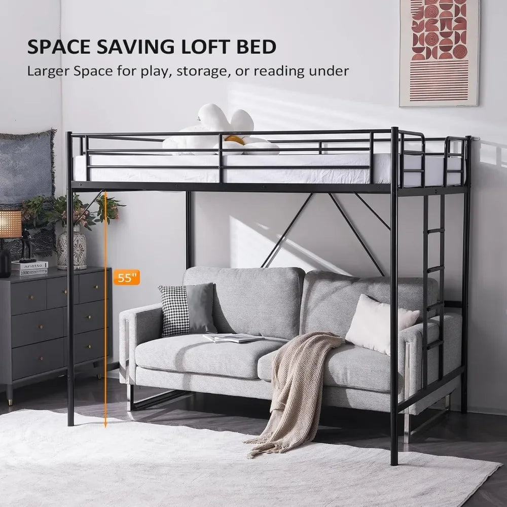 Loft Bed with Flat Rungs for Adults, Kids and Young Teens, No Box Spring Required,Heavy Duty Metal Slat Support