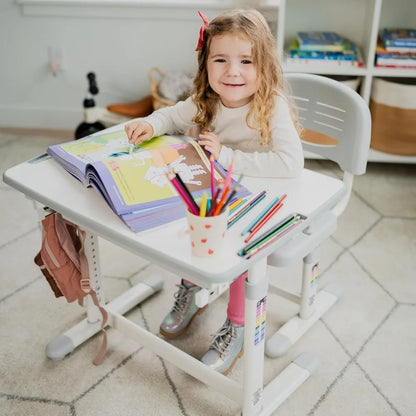 Juego de escritorio y silla para niños Mount-It!, estación de trabajo ergonómica para niños con altura ajustable y cajón de almacenamiento, color gris (gris)