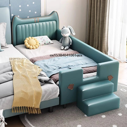 Cama de cuero para niños con empalme, muebles de dormitorio de estilo italiano, cama de madera para niños y niñas, linda cama para bebé con barandilla de seguridad