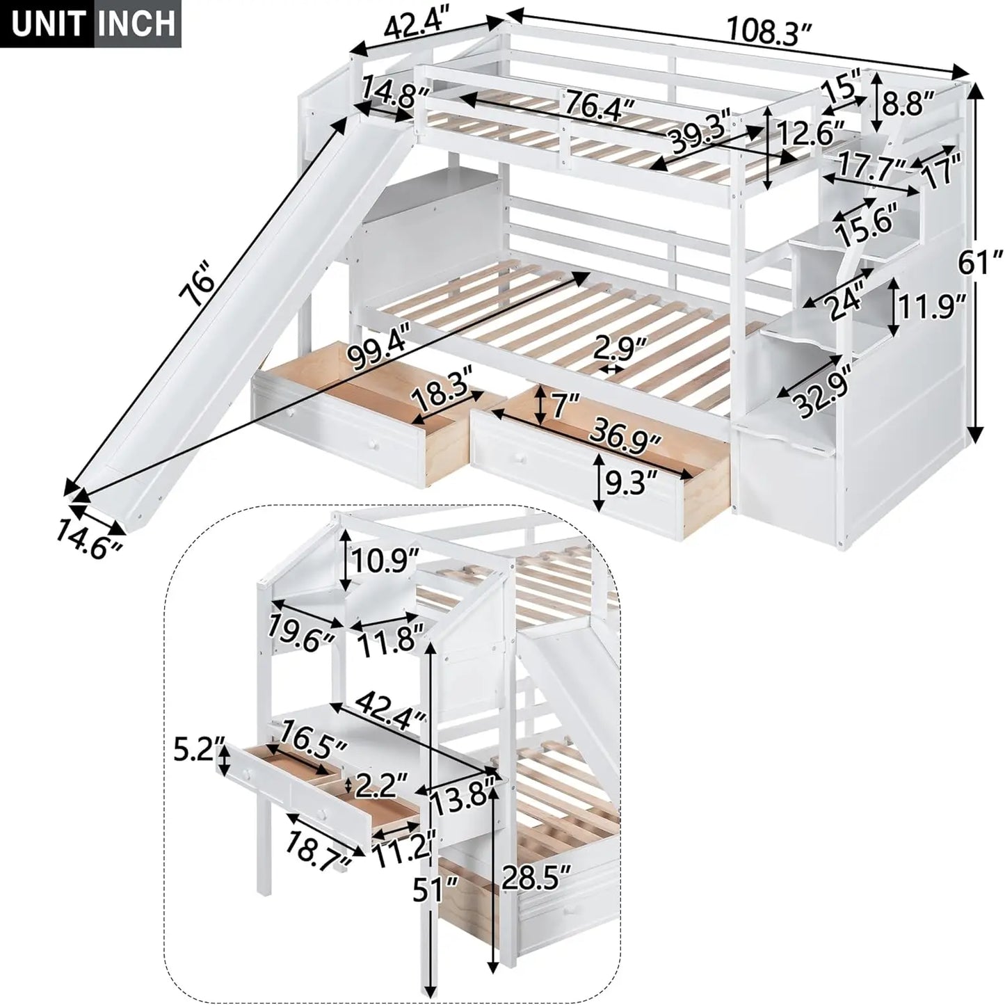 Lit superposé double avec bureau et escaliers Lit superposé polyvalent en bois avec tiroirs de rangement coulissants et étagères pour enfants et adolescents