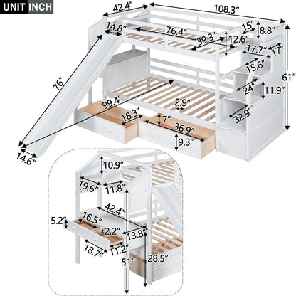 Lit superposé double avec bureau et escaliers Lit superposé polyvalent en bois avec tiroirs de rangement coulissants et étagères pour enfants et adolescents