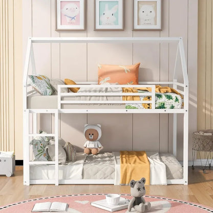 Modern Twin Over Twin Junior Metal Floor Bunk Bed with Ladder House Shaped Bunk Bed Frame for Kids Boys Girls