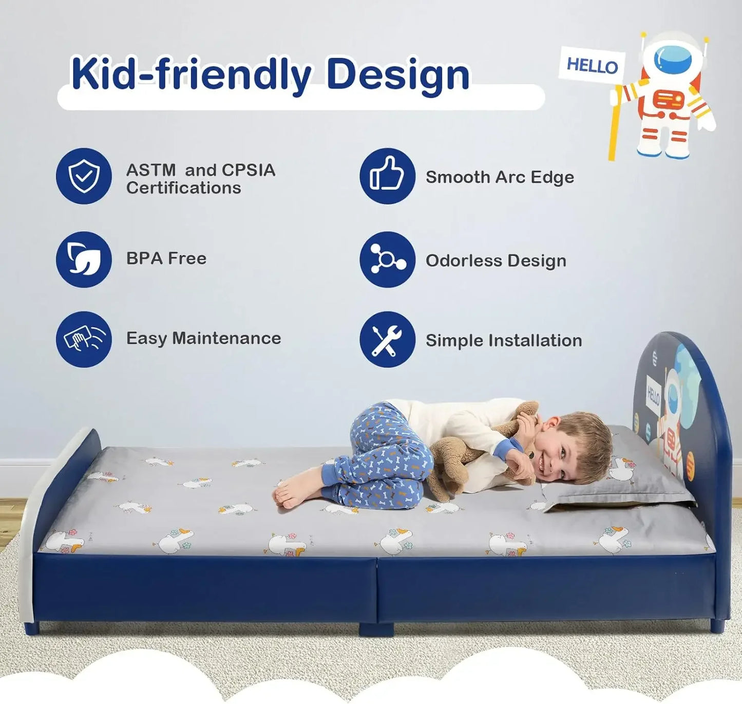 Twin Bed Frames for Kids, Wood Upholstered Twin Bed Platform with Slat Support, Padded Headboard&, No Box