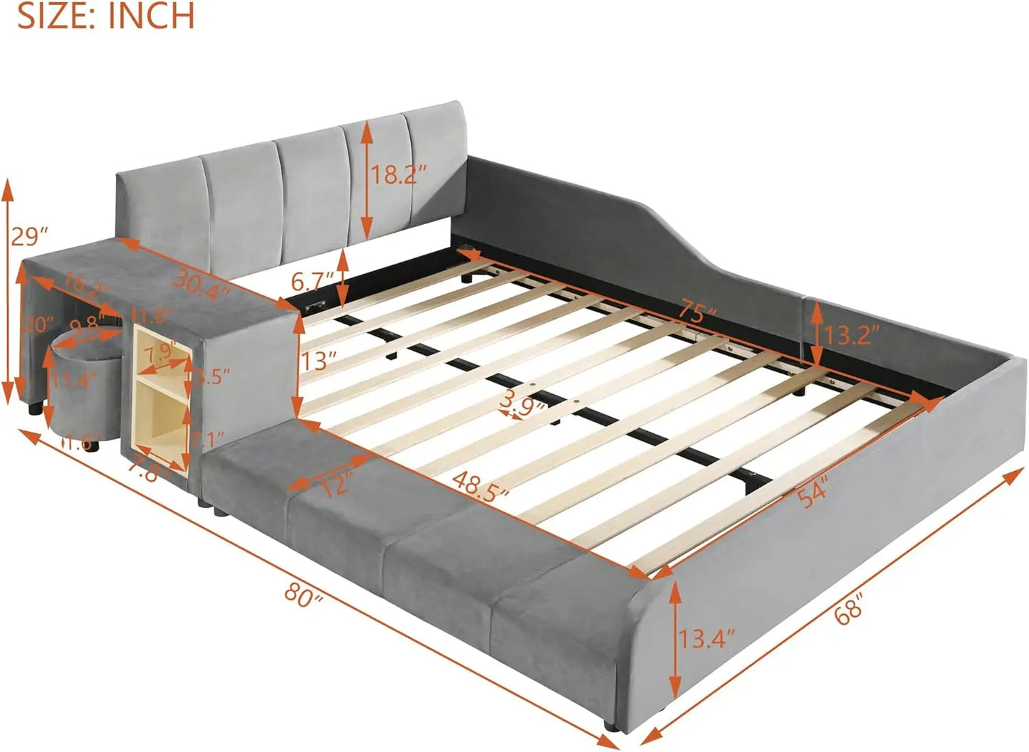 Lit plateforme entièrement rembourré Softsea, lit mère et enfant avec bureau de chevet et petit tabouret rond, tissu velours