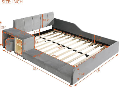 Cama tapizada Softsea con plataforma para madre e hijo, mesita de noche y taburete redondo pequeño, tela de terciopelo