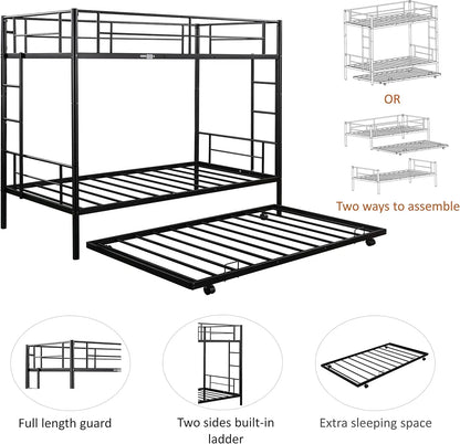 Litera de metal doble sobre doble con estructura de cama nido, litera resistente con 2 escaleras laterales, litera convertible con protección de seguridad