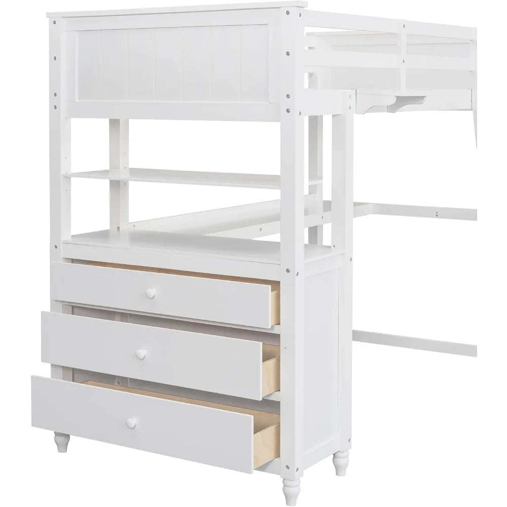 Twin Size Loft Bed with Desk and Dresser, Wooden Bed with Storage Drawers and Shelves for Kids Teens,No Box Spring Needed,White