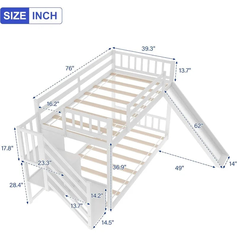 Litera baja de madera maciza KLMM para niños, litera doble sobre dos camas individuales, con tobogán y escalera, escalera con estantes de almacenamiento/pasamanos