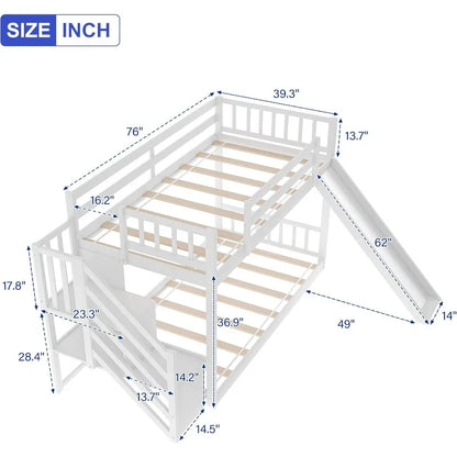 Litera baja de madera maciza KLMM para niños, litera doble sobre dos camas individuales, con tobogán y escalera, escalera con estantes de almacenamiento/pasamanos