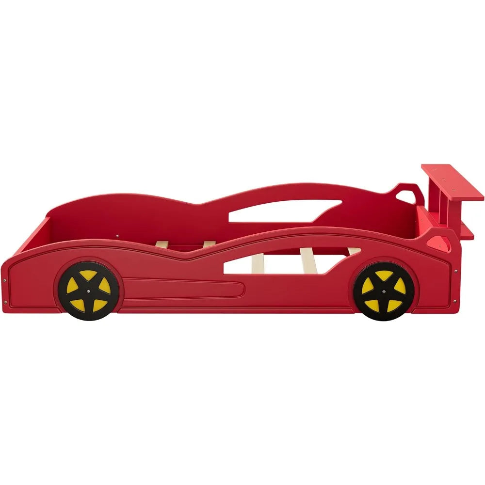 Lit double en forme de voiture de course pour enfants, lit plateforme en bois rouge avec étagères de rangement ouvertes, garde-corps sécurisés, aucun sommier requis