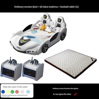 Multifunctional Car-Shaped Children's Bed For Boy Kids Wood Frame Bedroom Versatile Cartoon Stylish Bed With 2 Bedside Tables