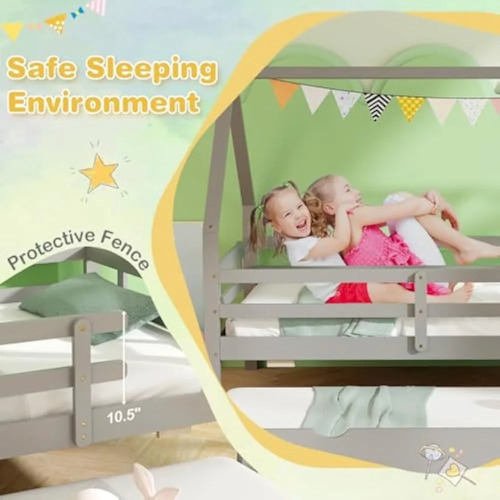 Cama nido para dos personas, estructura de cama infantil de madera con techo y barandillas, cama Montessori para niños, adolescentes, niñas y niños