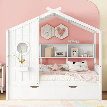 Twin Size Wooden House Bed with Trundle,Frame with Storage Shelf for Kids Wood Slat Support house shape Modern Design Kids Bed