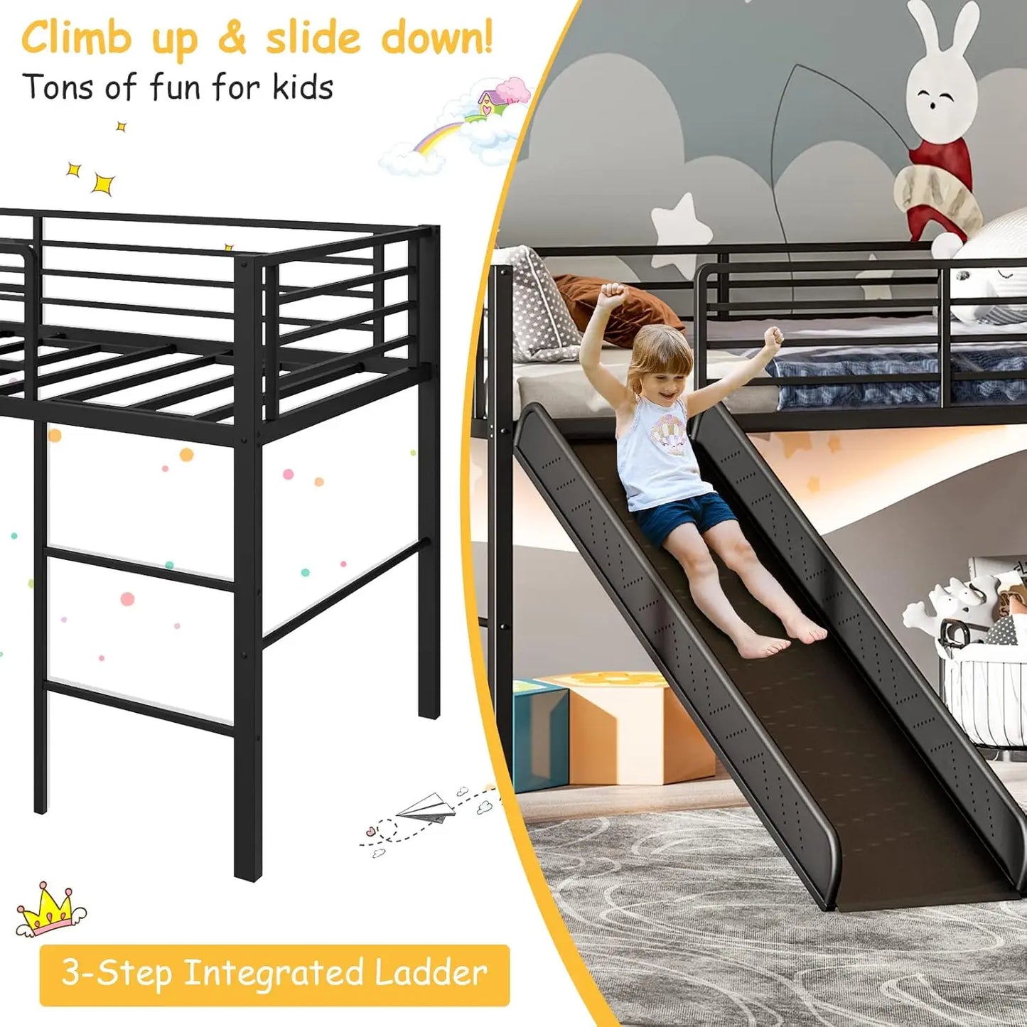 Twin Loft Bed with Slide, Metal Low Bunk Bed w/Safety Guardrails & Built-in Ladder, Toddler Bed Floor Frame for Boys & Girls, No