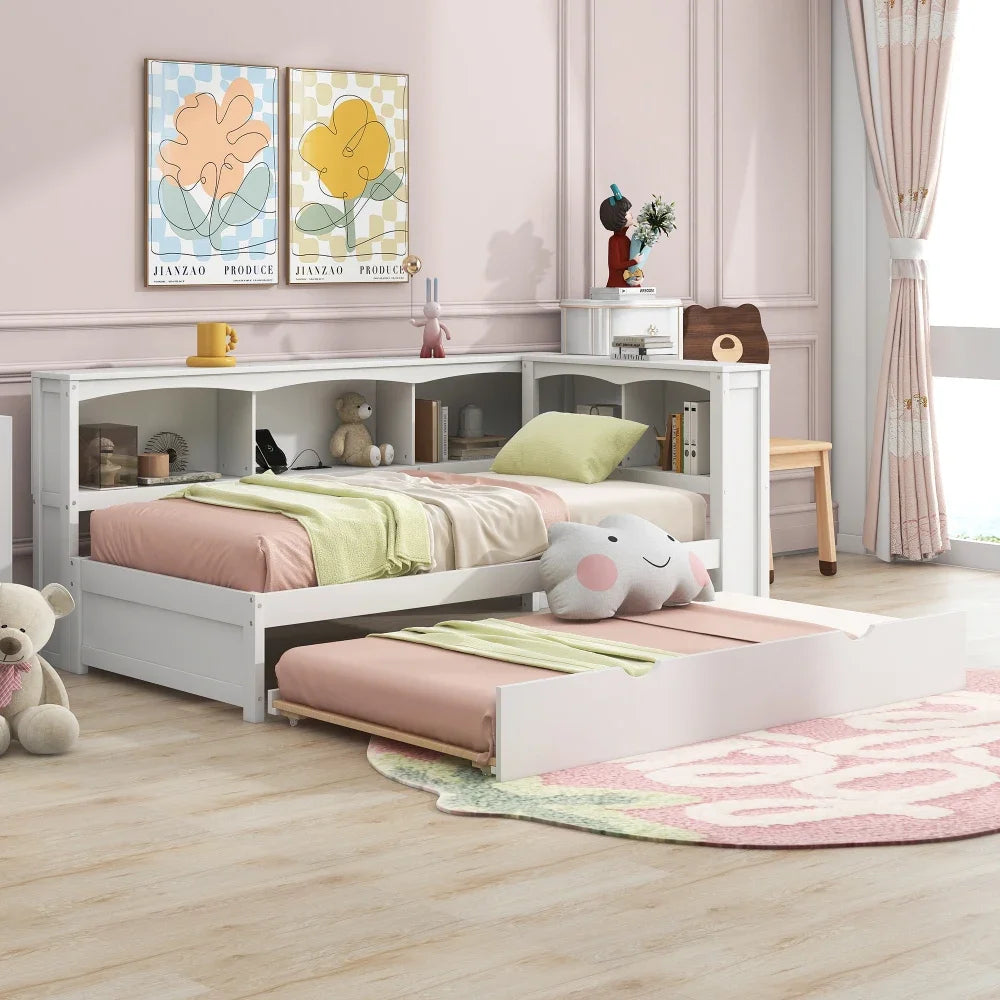 Cama de día tamaño twin con nido, armarios de almacenamiento y puertos USB, literas blancas para niños, cama para niños pequeños, camas para niñas