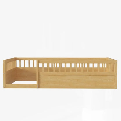 Cama Montessori de tamaño doble con valla, estructura de cama de piso para niños pequeños con barandales altos para dormitorio de niños, niños pequeños, niñas