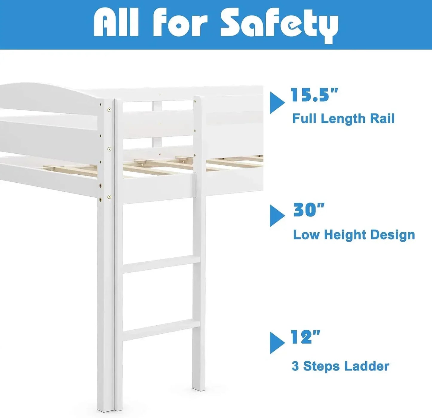 Twin Loft Bed, Solid Wood Low Loft Bed w/Guard Rail and Ladder, Boys & Girls Twin Bed for Kids Room, No Box Spring Needed, Class