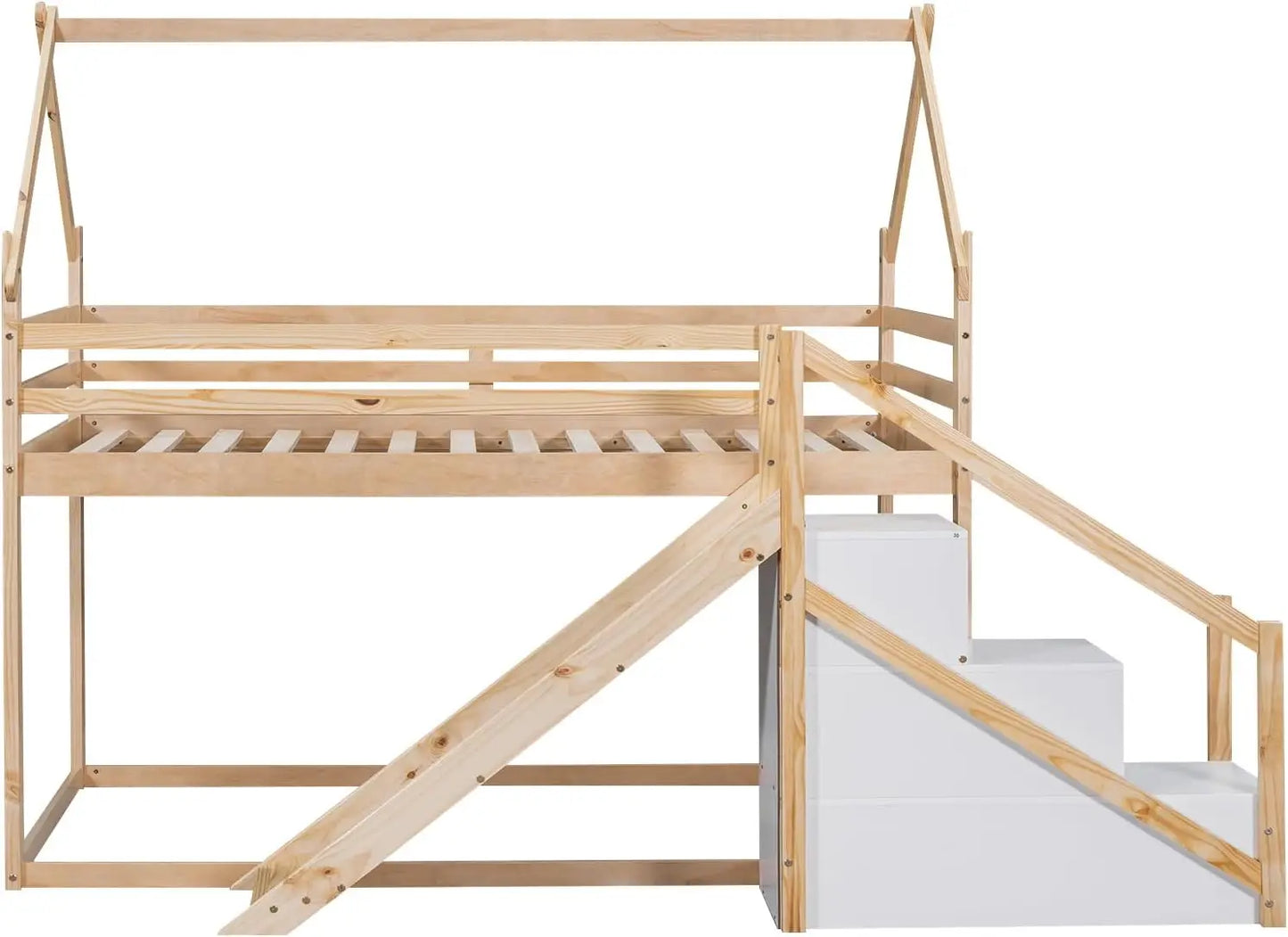 Lit superposé Merax Twin Over Twin avec toboggan et escaliers de rangement pour 2 enfants, garçons, filles, adolescents, cadre de lit en bois et pleine longueur