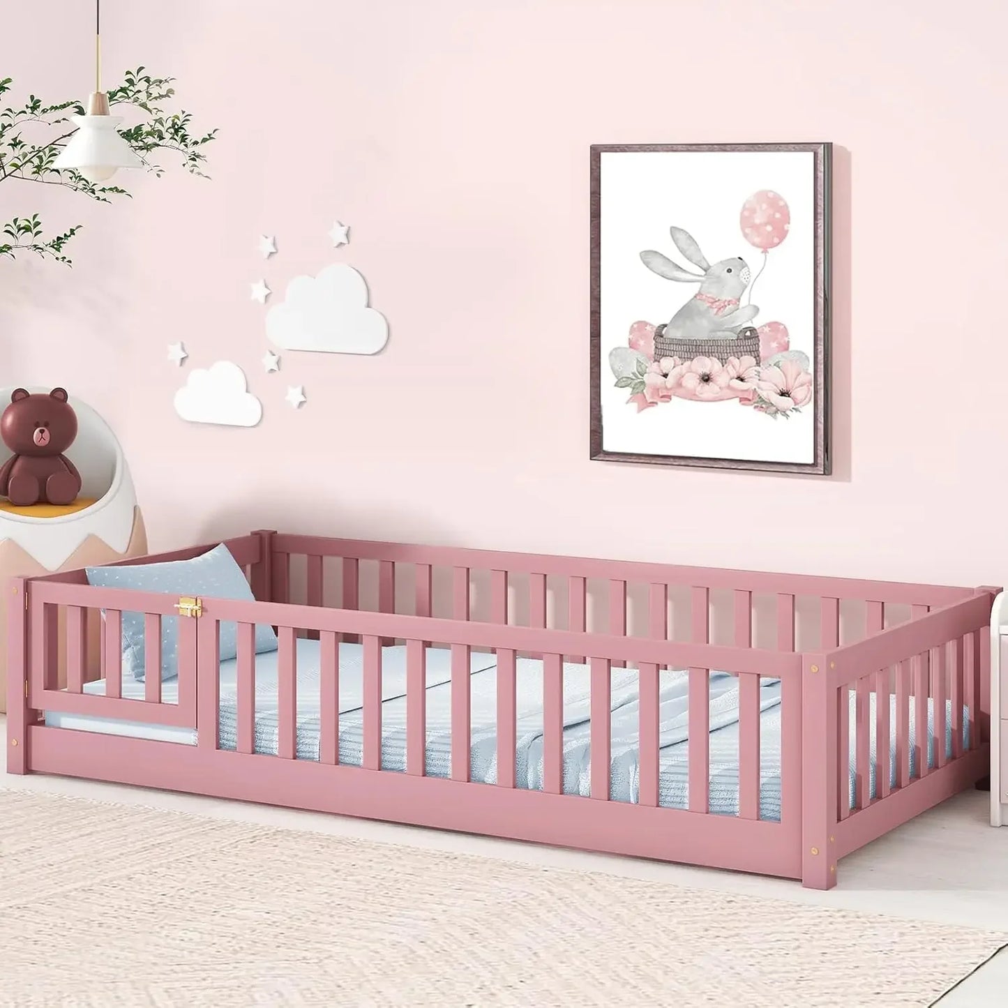 Cama Montessori rosa con barandillas de seguridad, puerta y listones, cama de suelo Montessori para niños, estructura de cama Montessori de madera