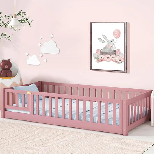 Twin Pink Montessori Bed with Safety Guardrails, Door, and Slats, Montessori Floor Bed for Kids, Wood Montessori Bed Frame