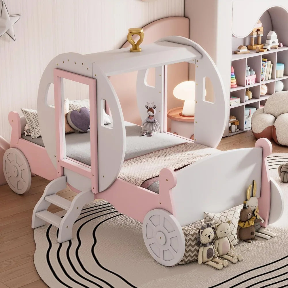 Marco de cama tipo carruaje de princesa de tamaño doble para niños, niñas y niños pequeños con corona, plataforma de madera, cama tipo carruaje con escalera, muebles para niños