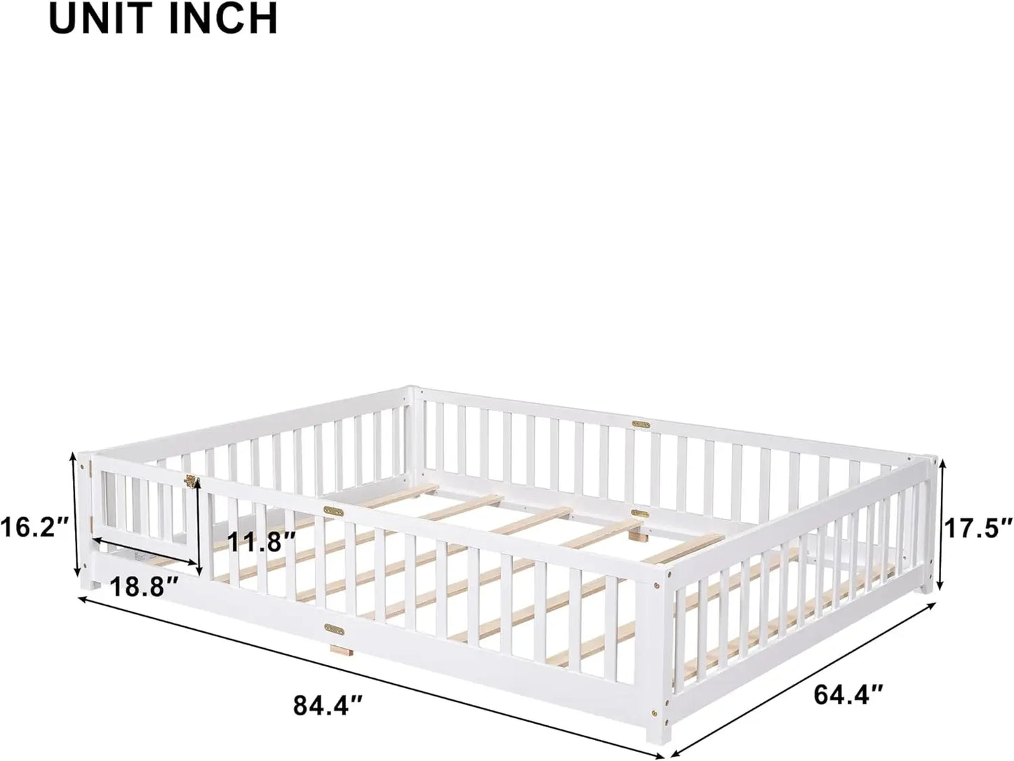 Queen Size Floor Bed Frame for Toddler Wood Montessori Beds with Fence Railings Kids, Fun Toddlers Boys Girls, White